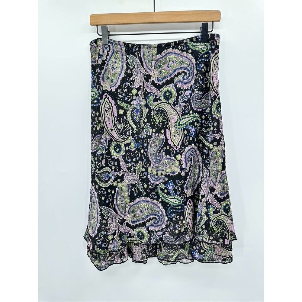 Vintage 90's Black Purple Paisley Midi Skirt With Ruffled Hem